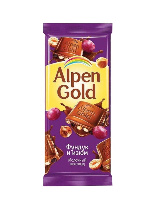 Альпен Гольд шоколад молочный Alpen Gold Изюм Фундук 85 гр флоу-пак