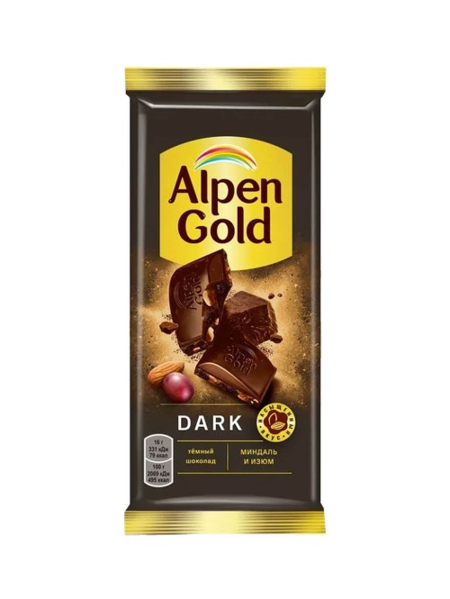 Альпен Гольд Темный Alpen Gold Dark Миндаль Изюм 80 гр флоу-пак