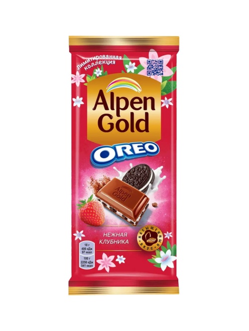 Альпен Гольд Орео Alpen Gold Oreo шоколад молочный Клубника и кусочки печенья 90 гр флоу-пак